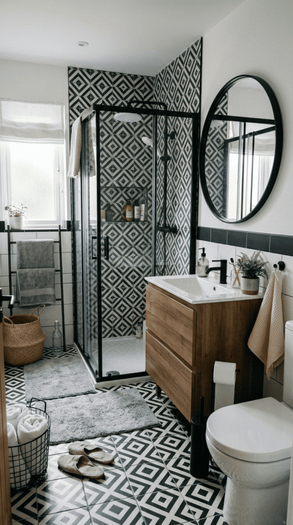  Bathroom With Black and White Patterned Tiles