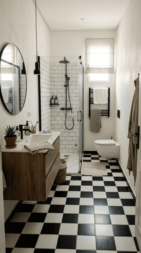  Bathroom With Checkerboard Black and White Floor