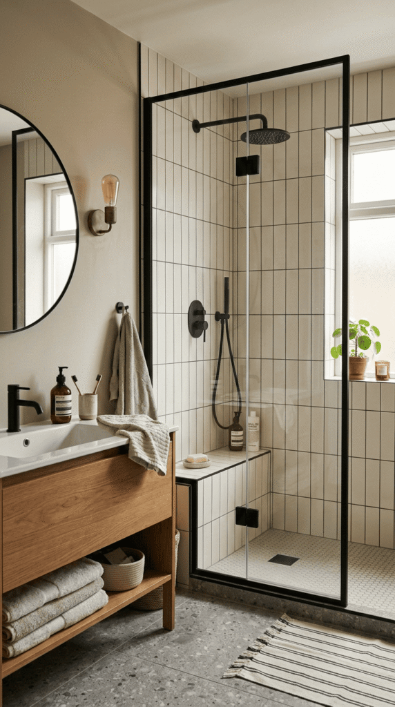 Bathroom With Matte Black Shower Frame