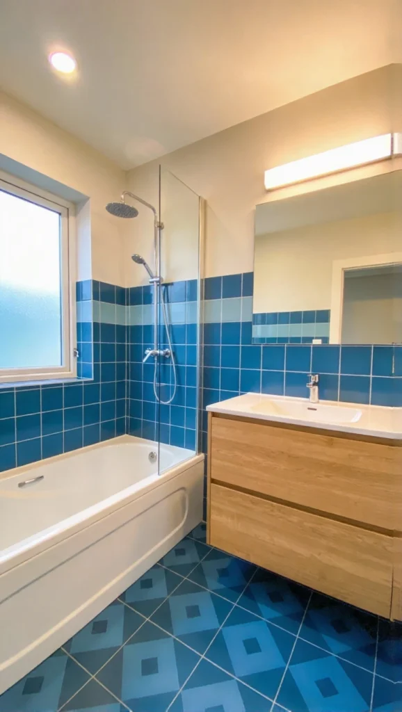 Blue Tile Bathroom Floor With Neutral Walls