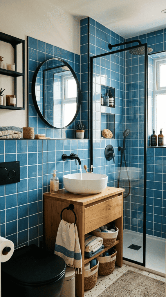 Blue Tile Bathroom With Black Fixtures