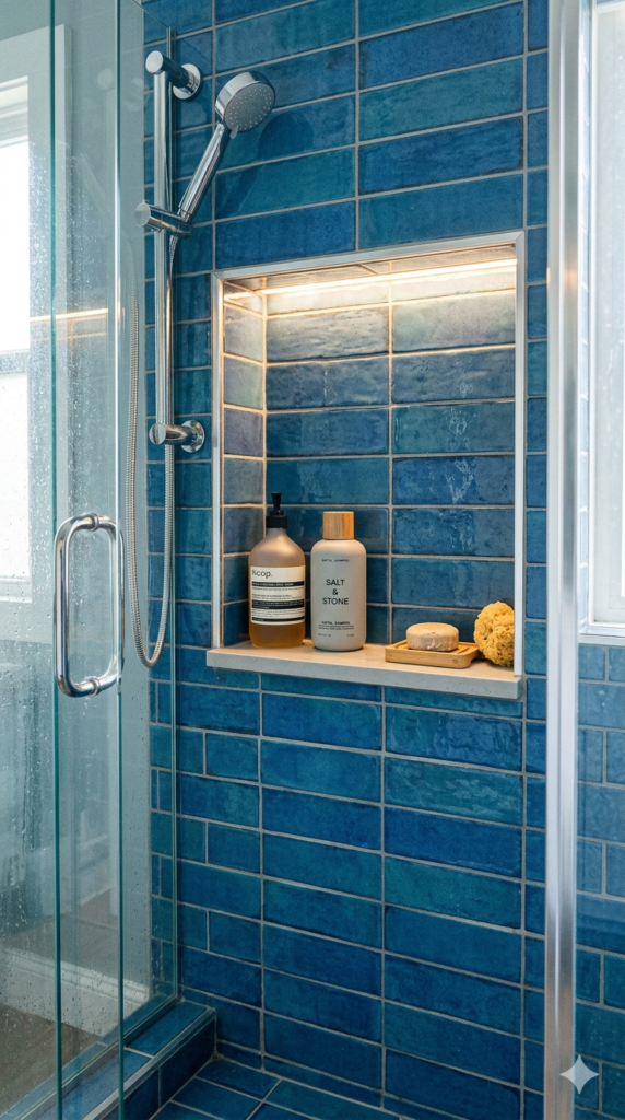 Blue Tile Shower Niche Detail