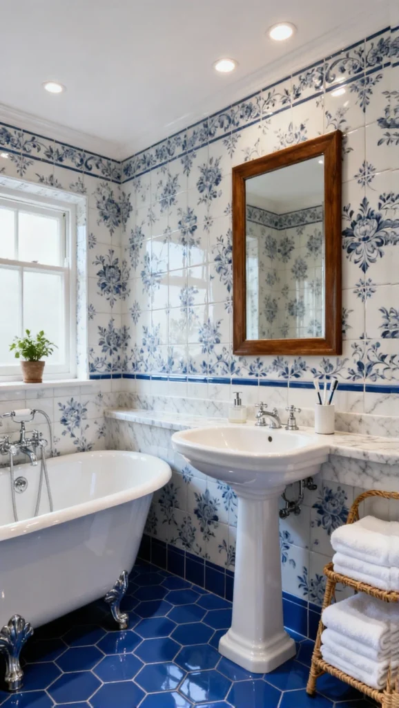 Classic White and Blue Tile Bathroom