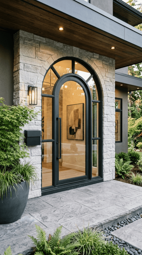Outdoor Entry with Arched Glass Entry Door