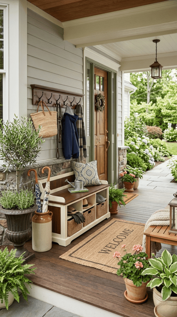 Outdoor Entry with Decorative Storage That Reduces Clutter