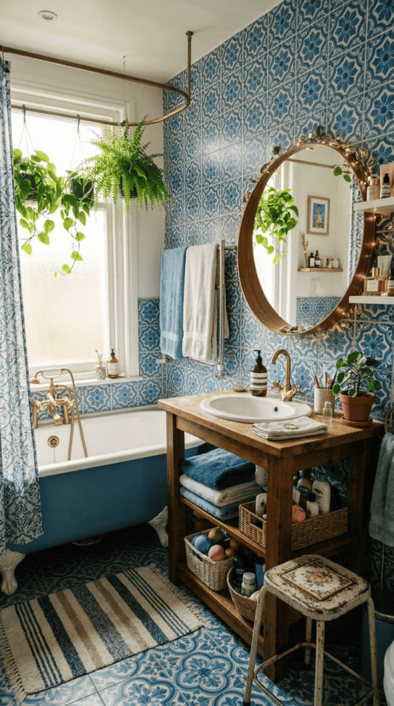 Patterned Blue Tile Bathroom for Character