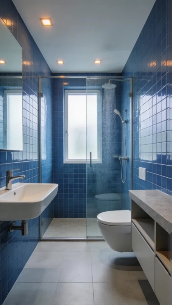 Small Blue Tile Bathroom With Vertical Tile Layout