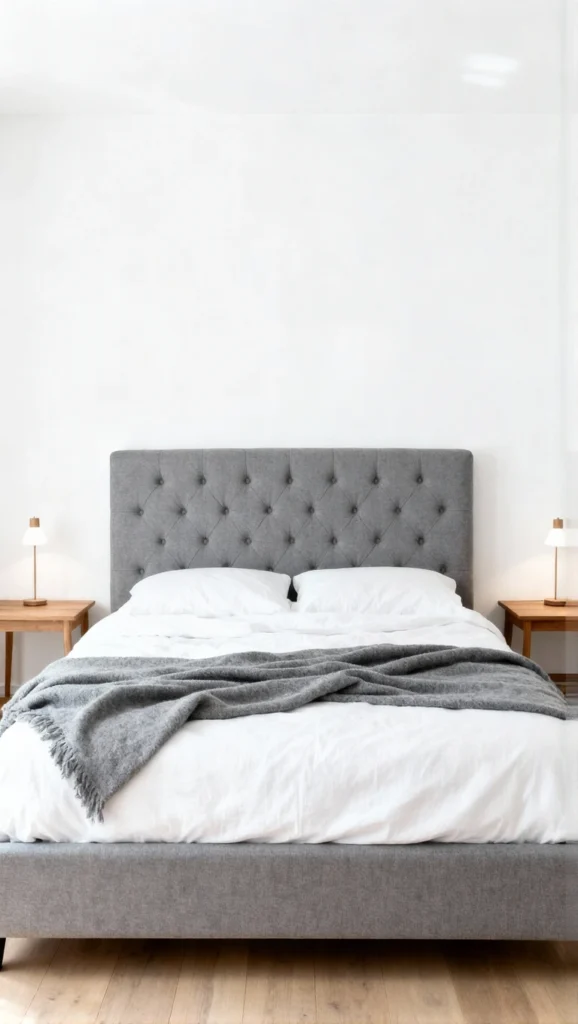 White Walls with a Gray Upholstered Bed