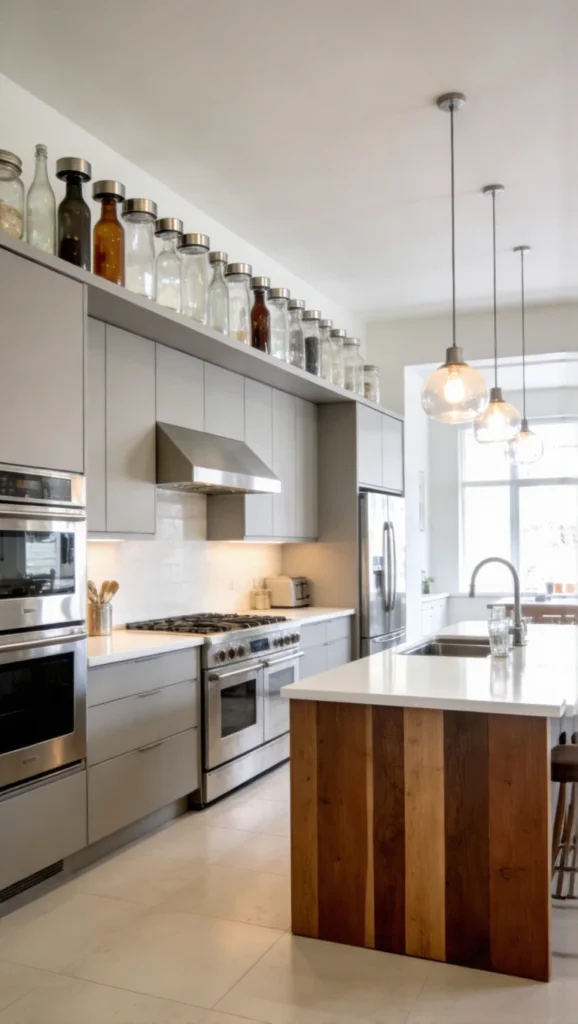 above kitchen cabinet with Glass Bottles