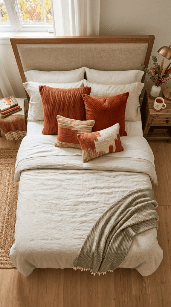 burnt orange throw pillows on bed for autumn bedroom accent]