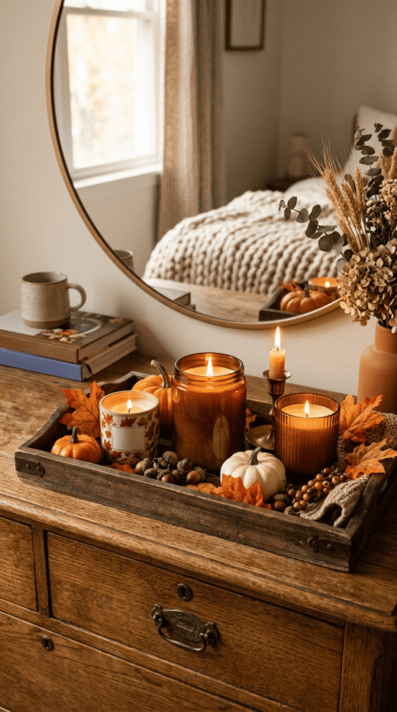 candle tray styled on dresser with fall scented candles