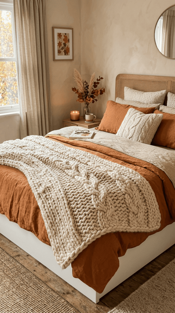 chunky knit throw blanket draped over bed for cozy fall bedroom]