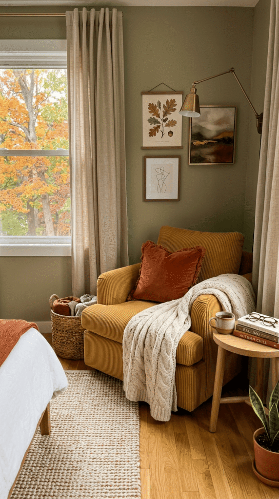 corduroy accent chair styled in bedroom reading nook for fall