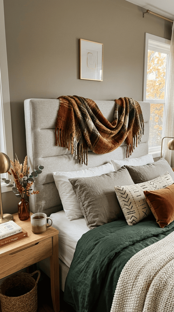 draped scarf blanket styled over bedroom headboard for fall
