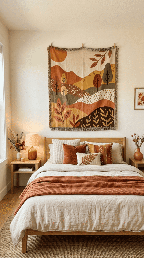 earth tone wall tapestry hung above bed for fall bedroom decor