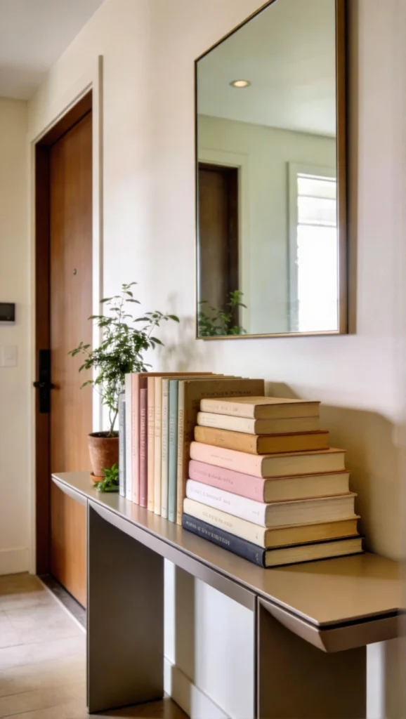 entry table with Stack Books for Height