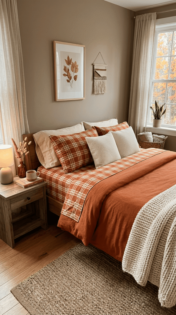 soft flannel bed sheets styled for fall bedroom decor