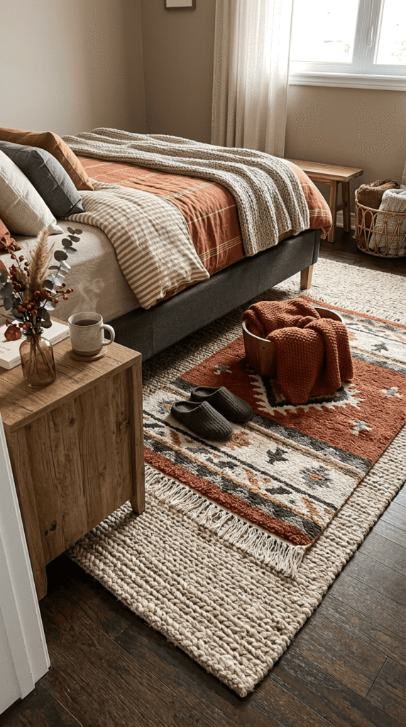 layered area rugs on bedroom floor for cozy fall texture]