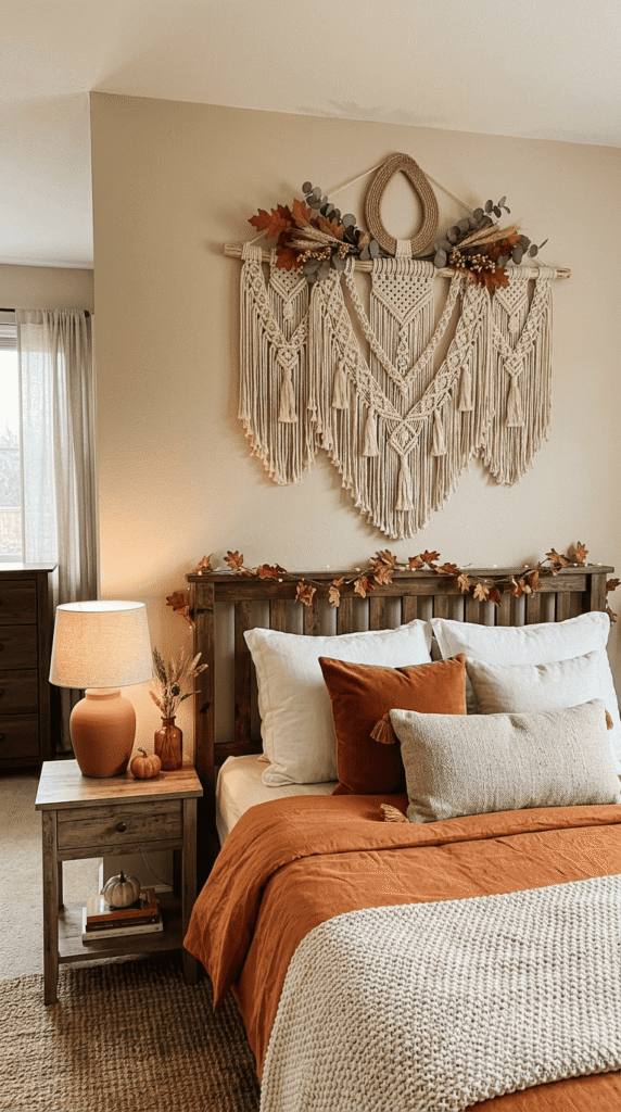 macrame wall hanging styled above bedroom headboard for fall