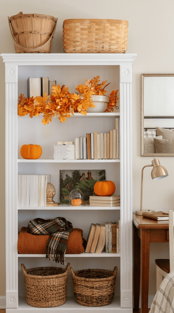 mini pumpkins styled on bedroom shelf as fall decor accent