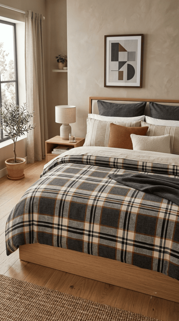 plaid duvet cover styled on bed for fall bedroom aesthetic]