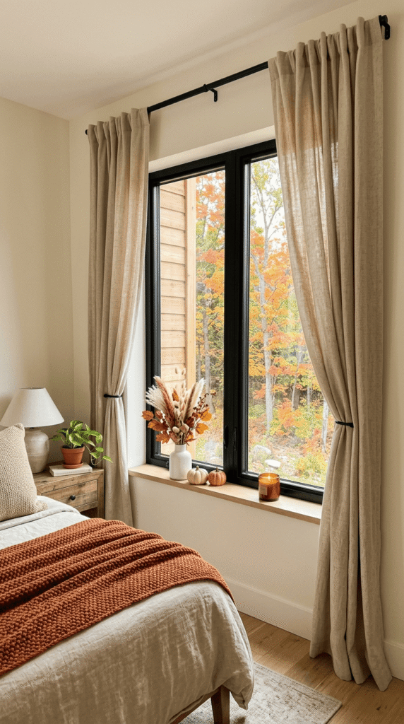 warm neutral curtains styled on bedroom window for fall decor