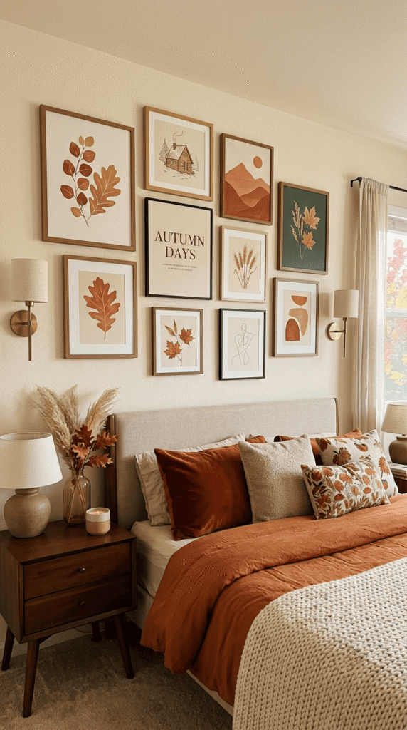 warm tone gallery wall bedroom
