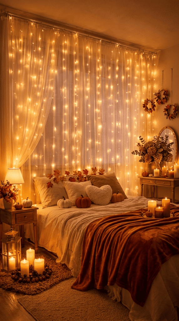 warm white string lights draped in bedroom for cozy fall glow]