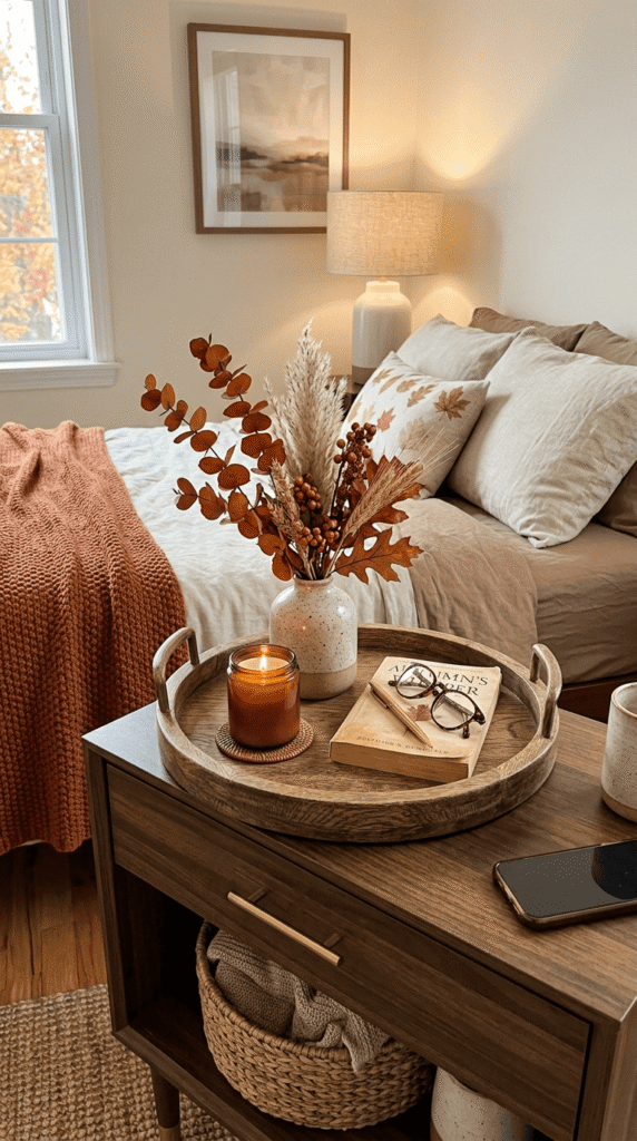 wooden tray styled on nightstand with fall bedroom decor items