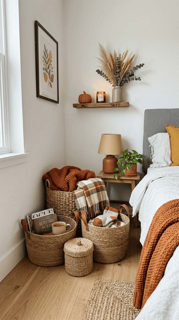 woven storage baskets styled in bedroom corner for fall decor
