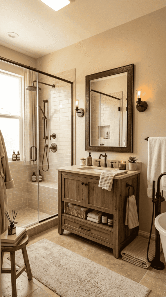 Bathroom With Beige With Black or Bronze Accents