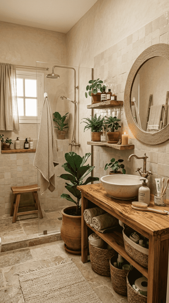 Bathroom With Natural Decor Elements in Beige Spaces