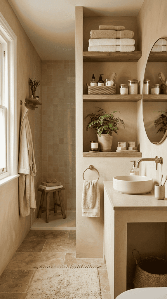 Bathroom With Open Shelving in Beige Tones 