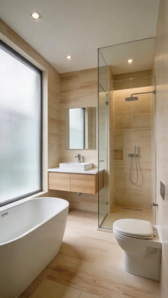 Bathroom with Wood Look Beige Tiles