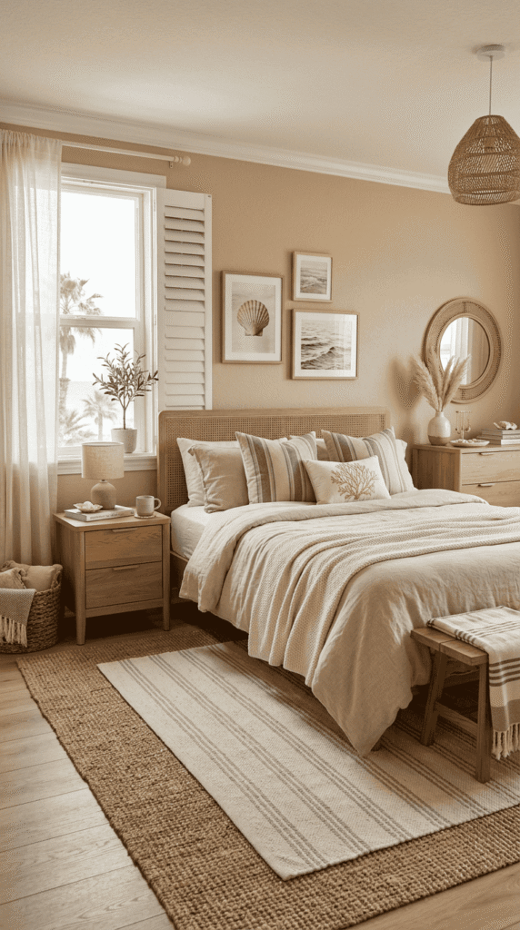 Bedroom With Layered Neutral Rugs , Coastal Decor 