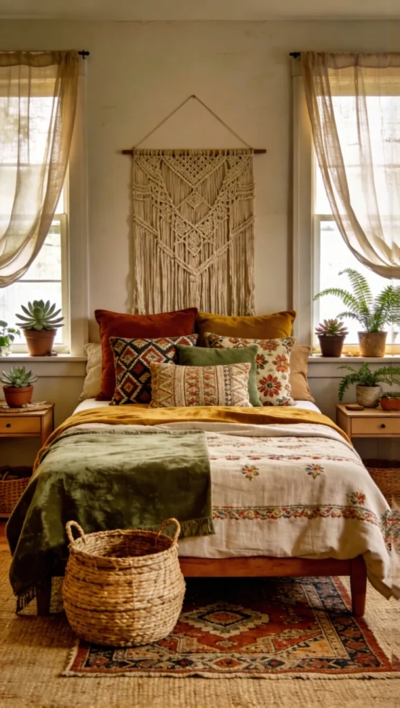  Boho Bedroom with Decorative Pillows