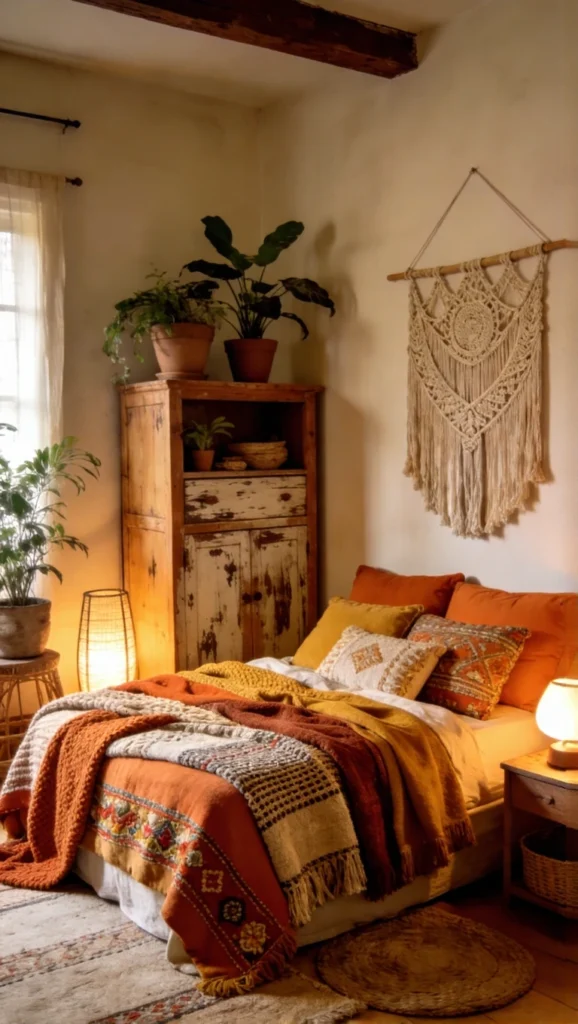  Boho Bedroom with Layered Blankets