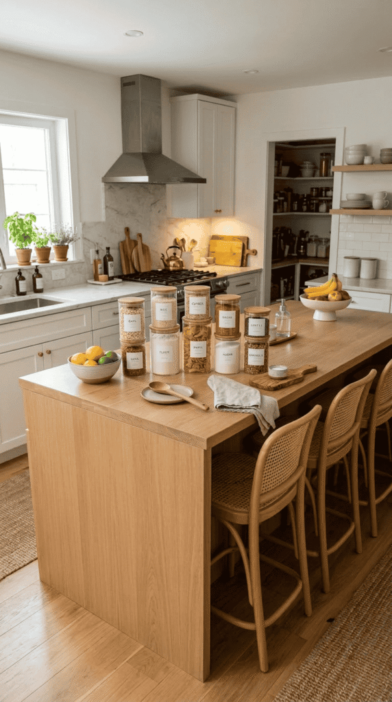  Kitchen Island with Glass Jars With Pantry Staples
