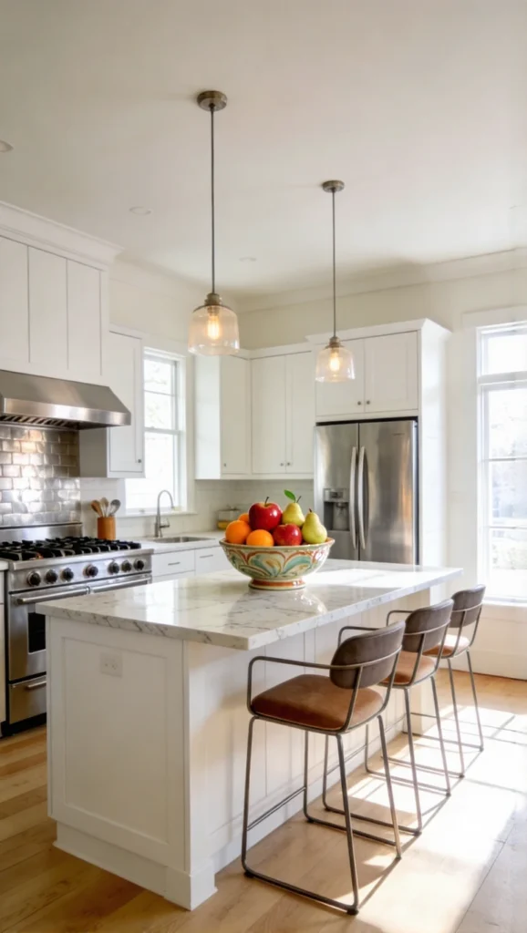 Kitchen with Decorative Fruit Bowls Island