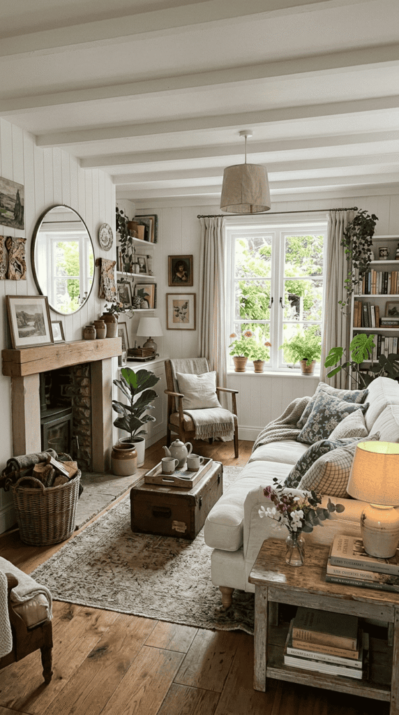 Living Room With Classic White  walls  , Cottage Decor