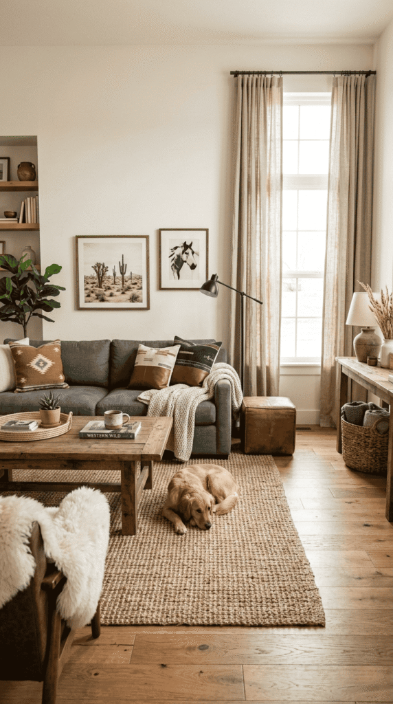 Living Room With Natural Fiber Rugs and Curtains