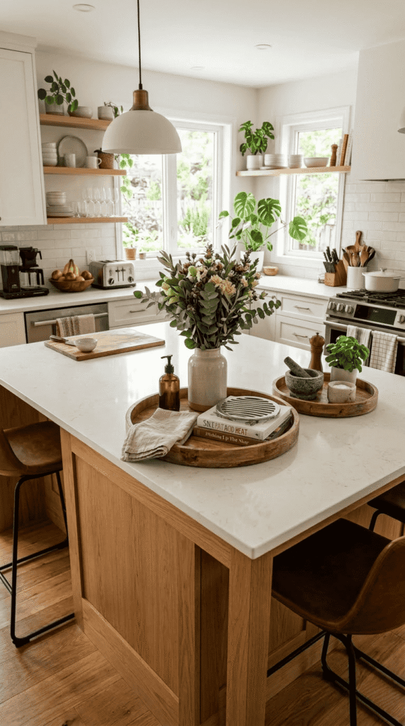 Modern Kitchen Island with Wooden Trays Decor 