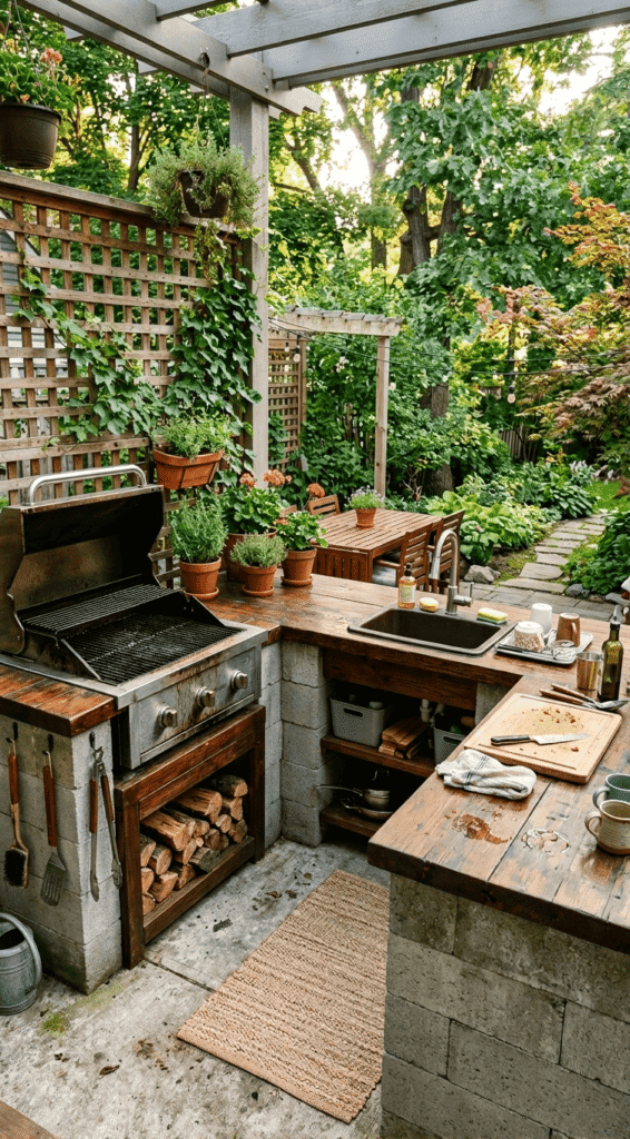 Outdoor Kitchen with  Combine blocks and wood