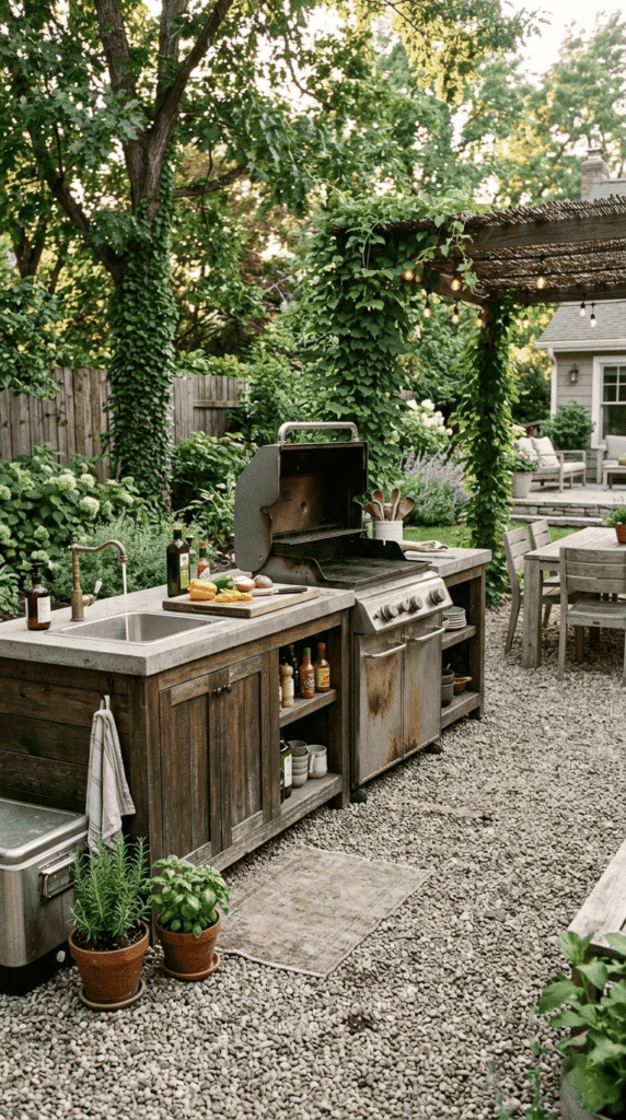 Outdoor Kitchen with gravel flooring