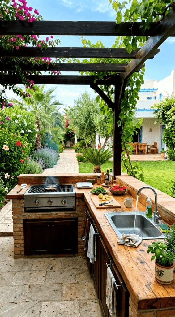 Outdoor Kitchen with wooden countertop 