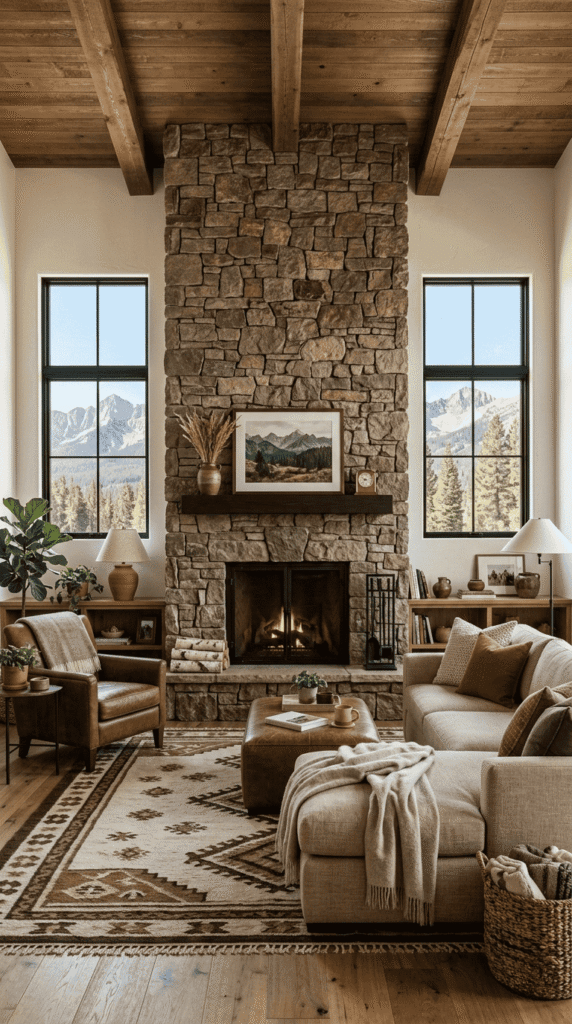 Western Living Room With Stone Fireplace as a Focal Point