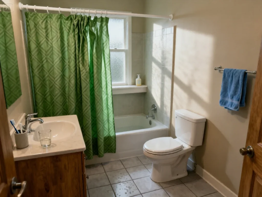 bathroom, green shower curtains