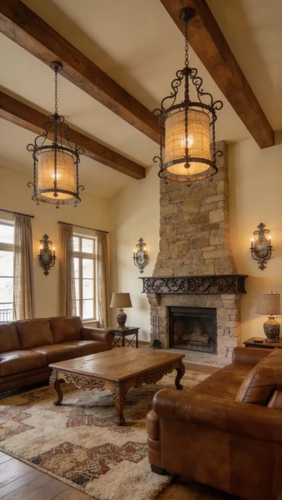 living room with Rustic Lighting Fixtures