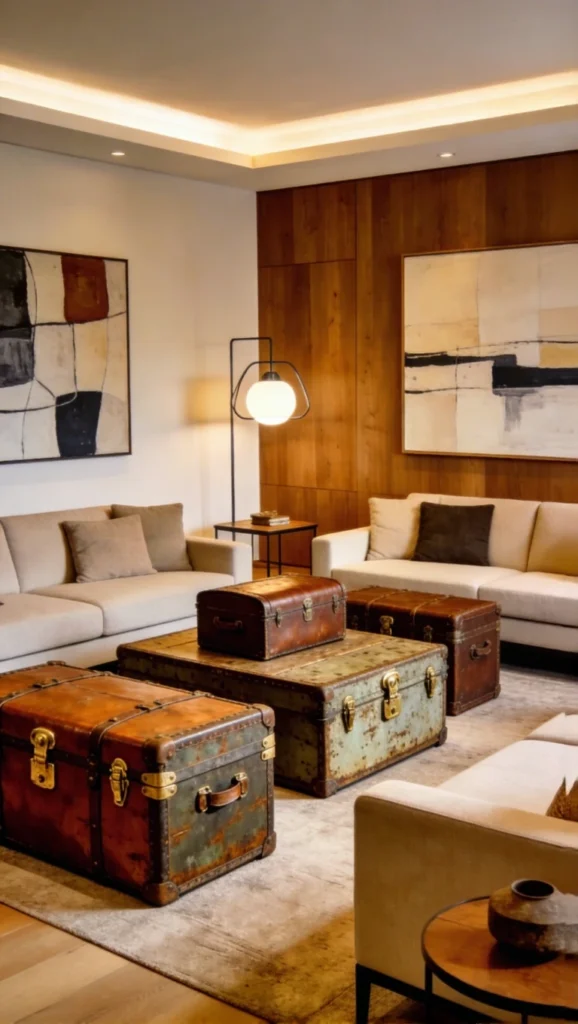 living room with Vintage Trunks