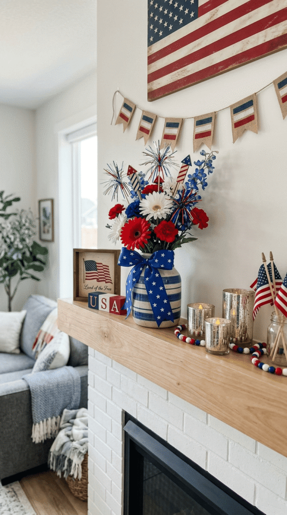  4th of July Mantel Decor , Firecracker Flower Vase Arrangement 